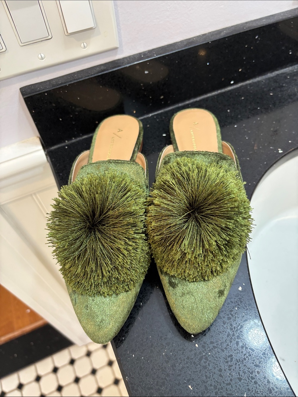 Anthropologie Olive Green Velvet Pom-Pom Slip-On Mules